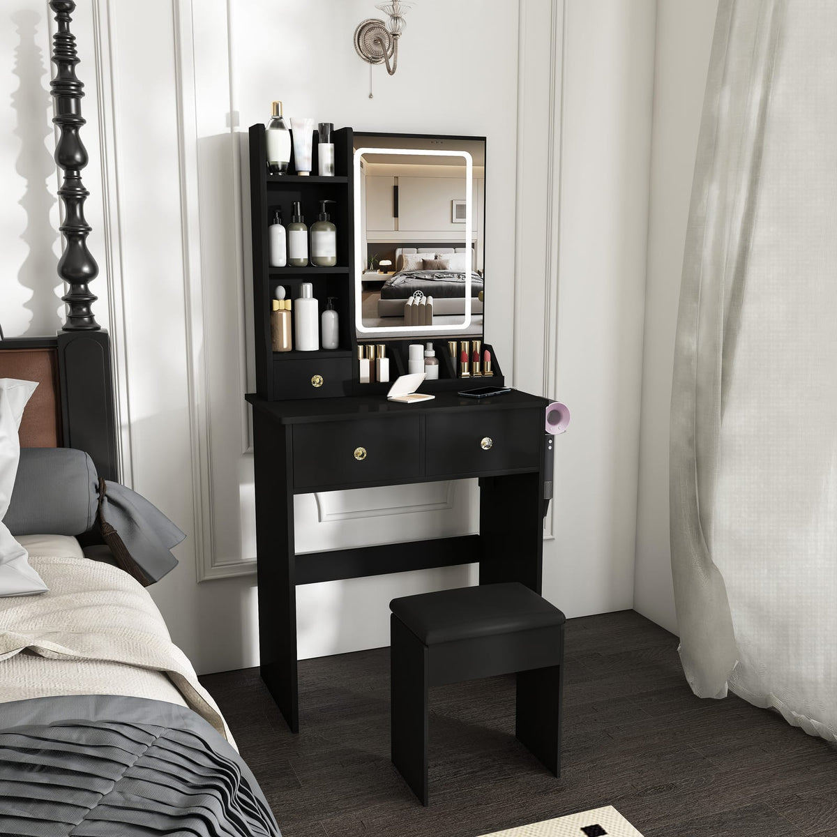 Black 3 Drawer Makeup Vanity with Chair - Bedroom Storage