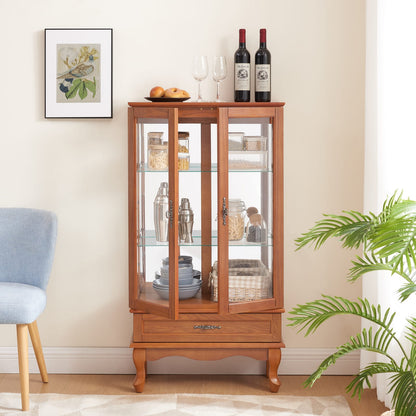 Oak Glass Display Cabinet with Adjustable Shelves and Storage for Living Room