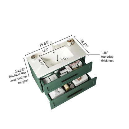 White Green Bathroom Vanity with Sink - 36" Wall Mounted Storage