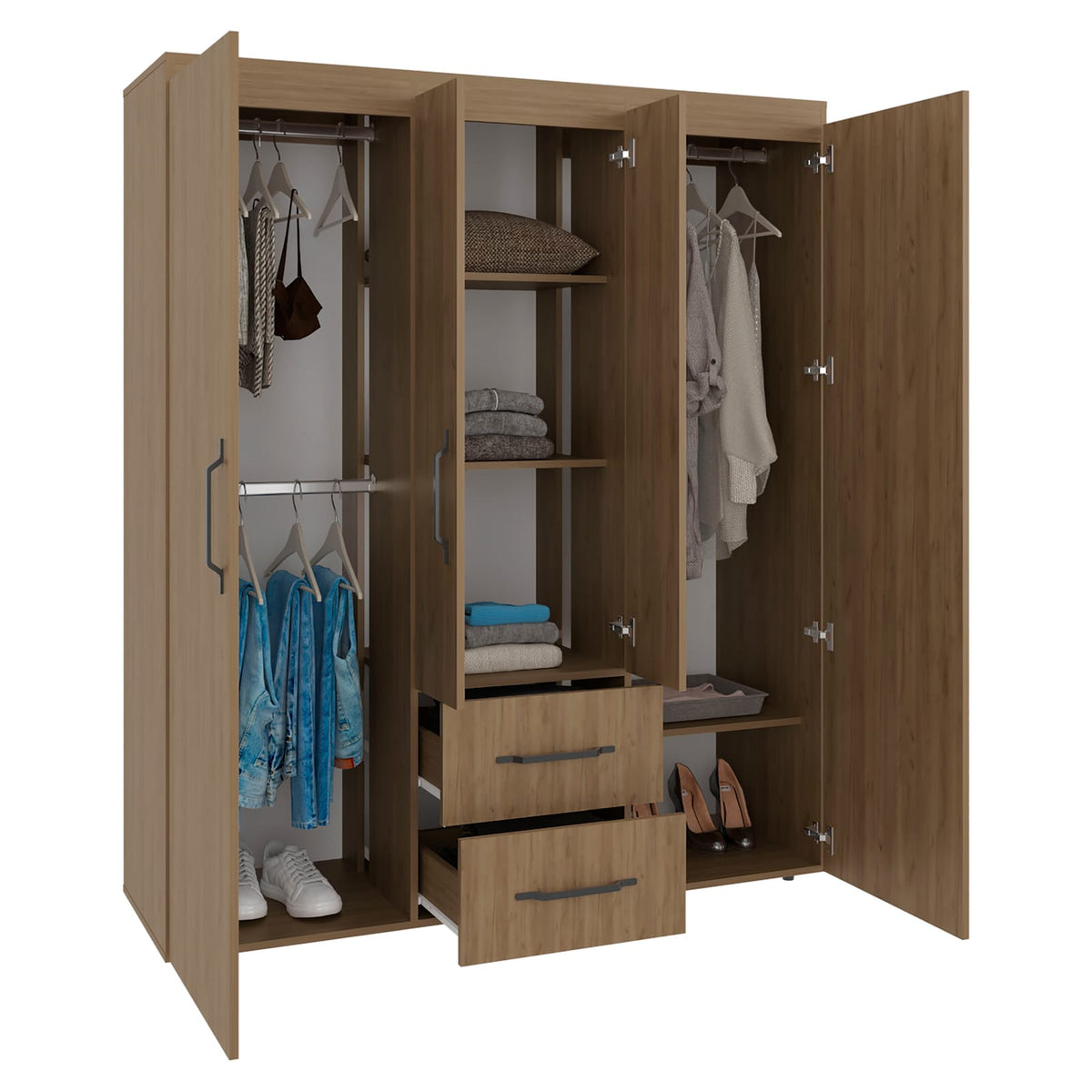 Light Natural 4-Door Dresser with Hanging Rods