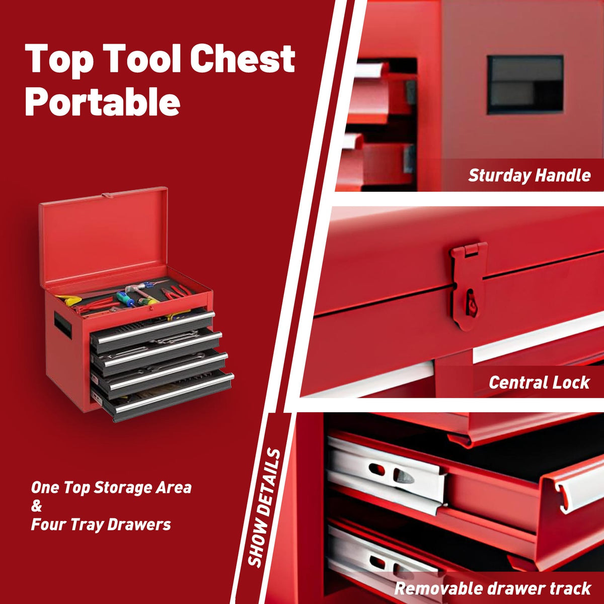Red Steel Rolling Tool Chest with Detachable Storage Boxes for Garage