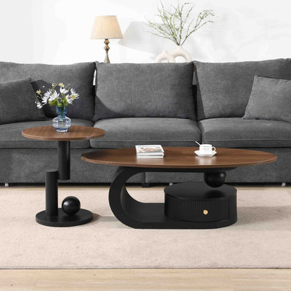 Black Brown Coffee Table Set of 2 - Oval & Round Tables
