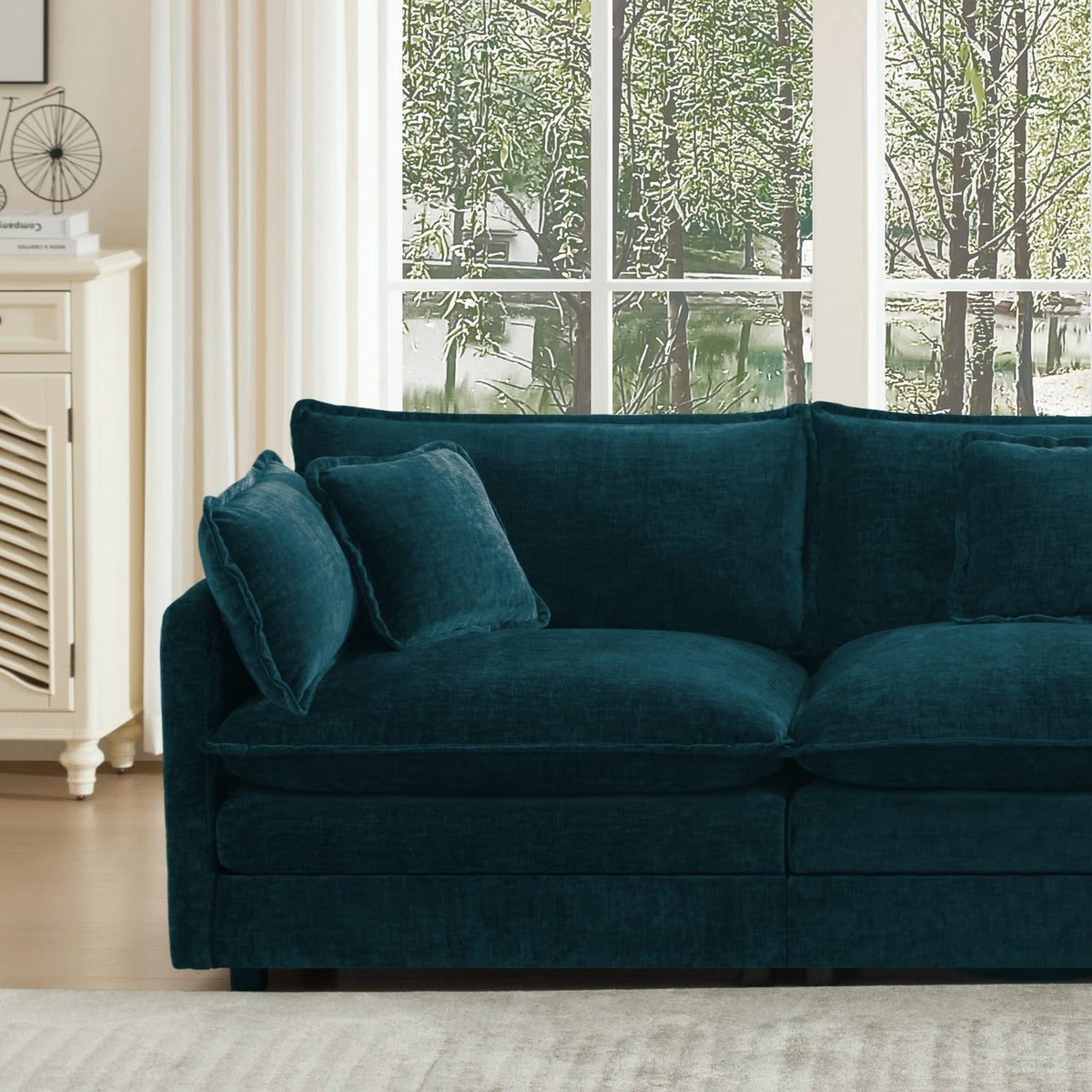 Upholstered Blue Chenille Sectional Sofa - 4 Piece with Ottomans