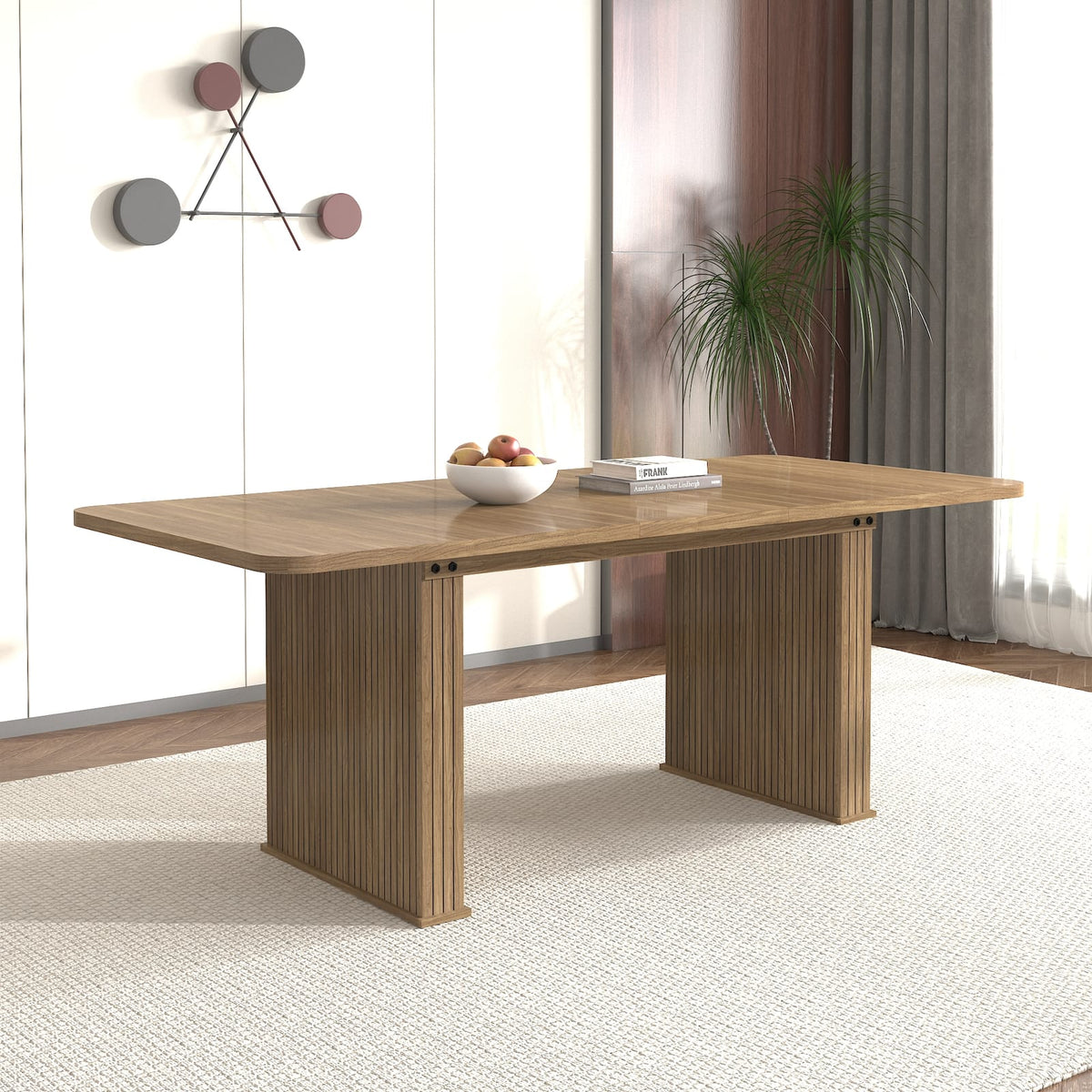 Extendable Dining Table for 6-10 Seats, Modern Beige Brown Wood