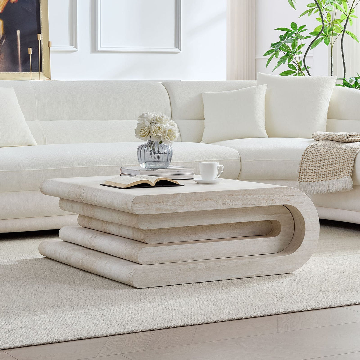 33.86 Inch Square Faux Travertine Coffee Table - Beige MDF