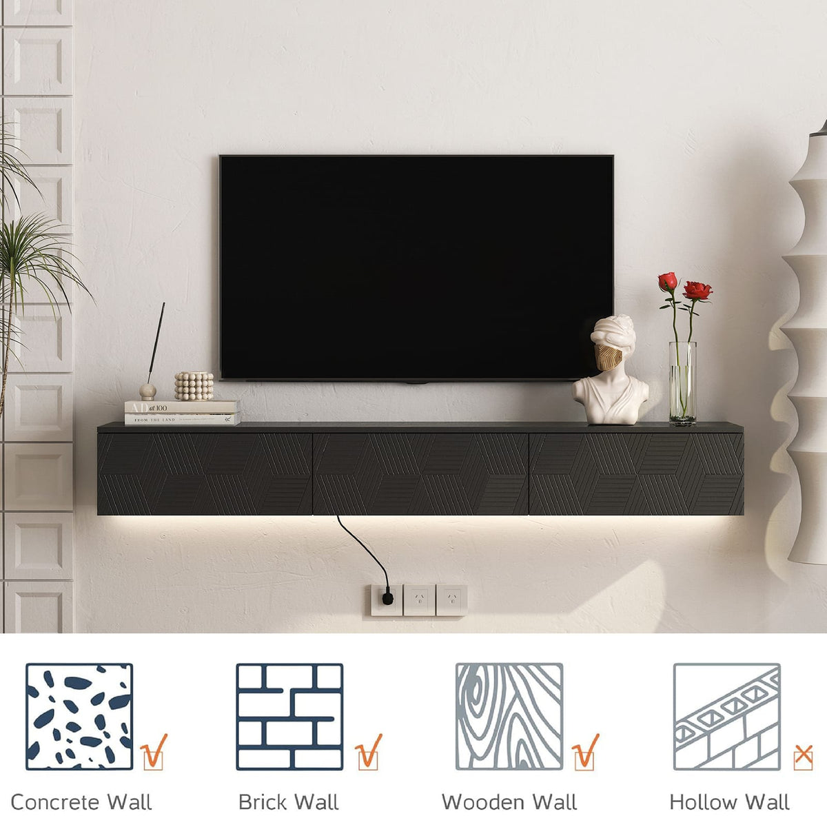 66 Inch Black MDF Floating TV Stand with LED Lights