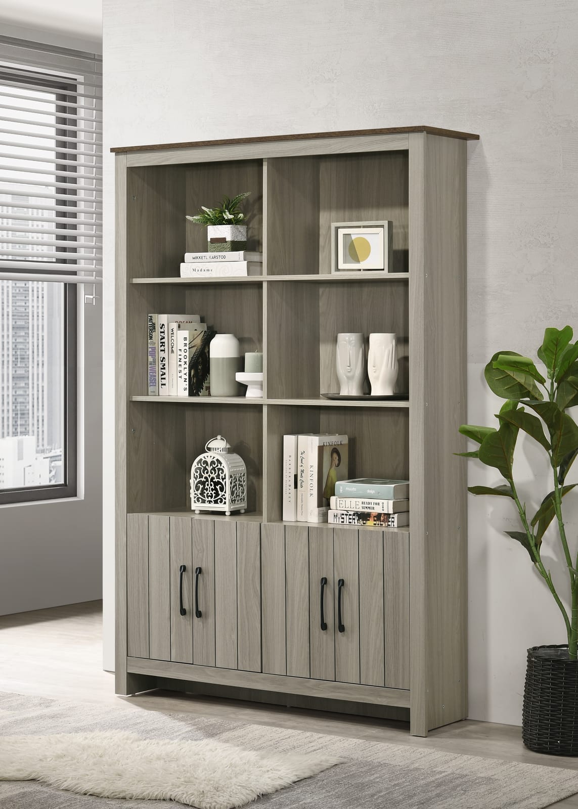 Gray Oak Bookcase with Cabinet Doors -