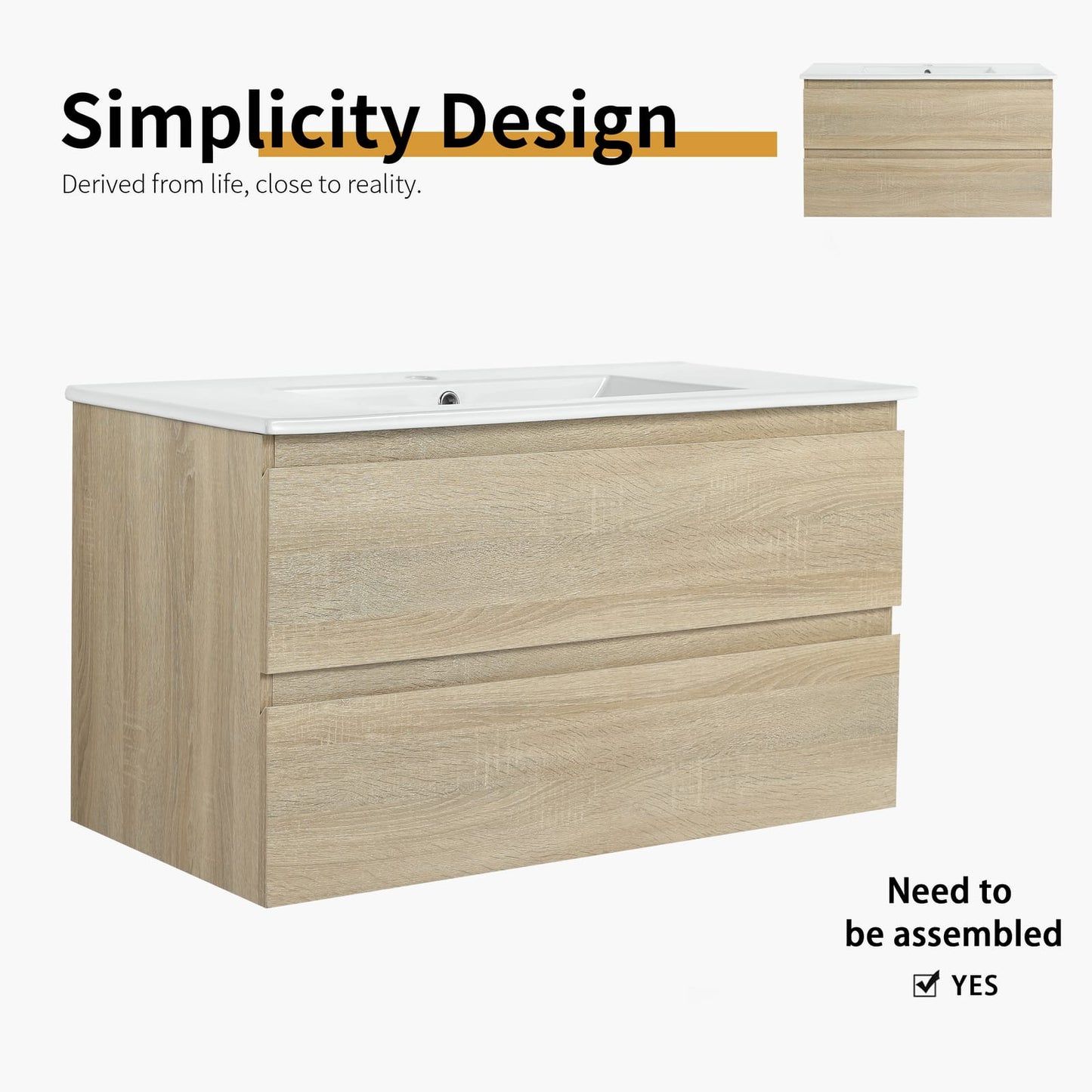 36" Wall-Mounted Bathroom Vanity - Light Oak, 2 Drawers