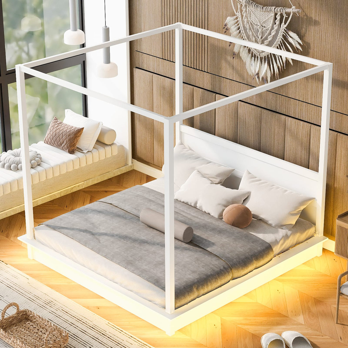 King Size Wood LED Canopy Bed - White Platform Bed No Box Spring