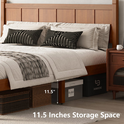 Twin Size Walnut Wood Platform Bed - Farmhouse Style Headboard