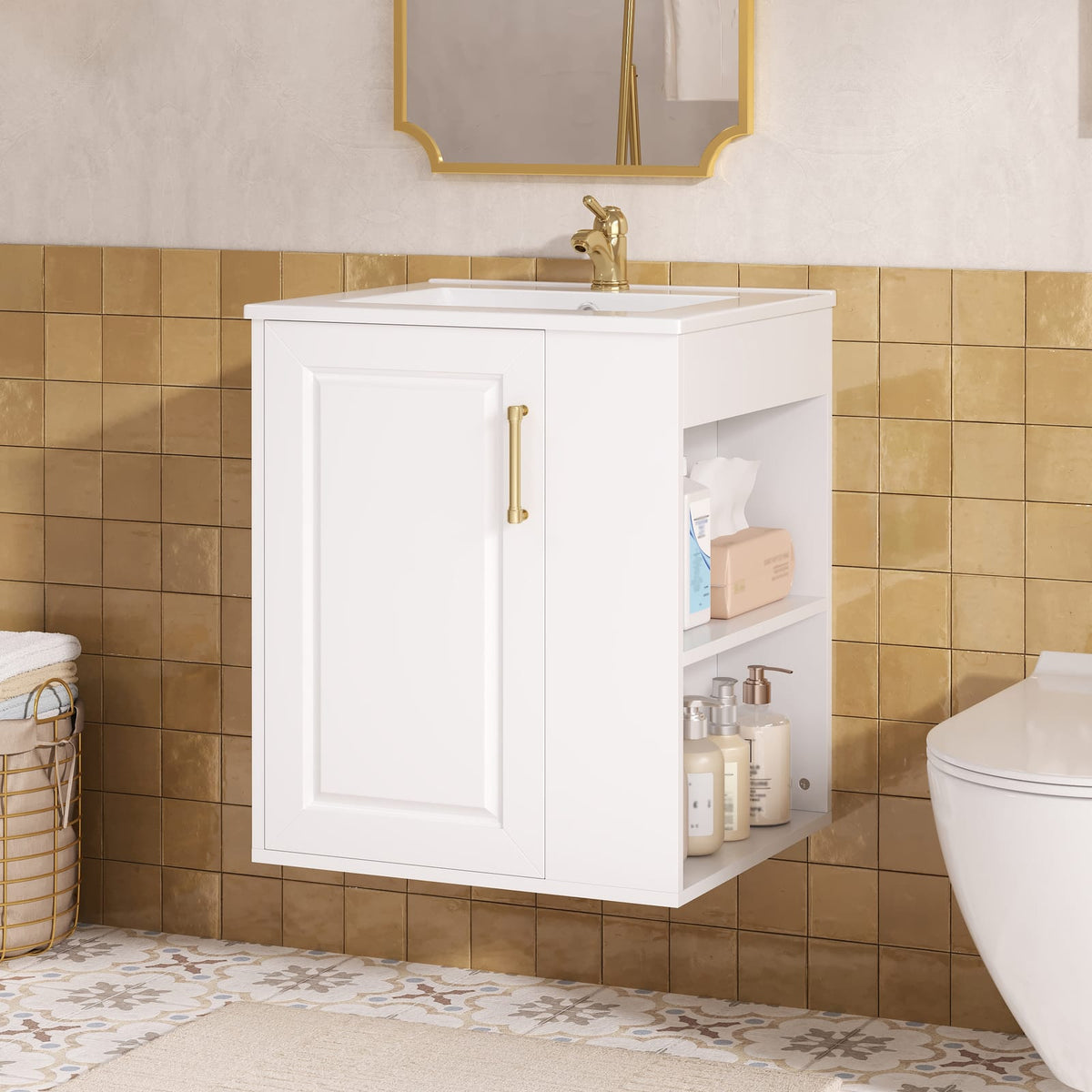 White Solid Wood Wall Mounted Bathroom Vanity with Storage Cabinet