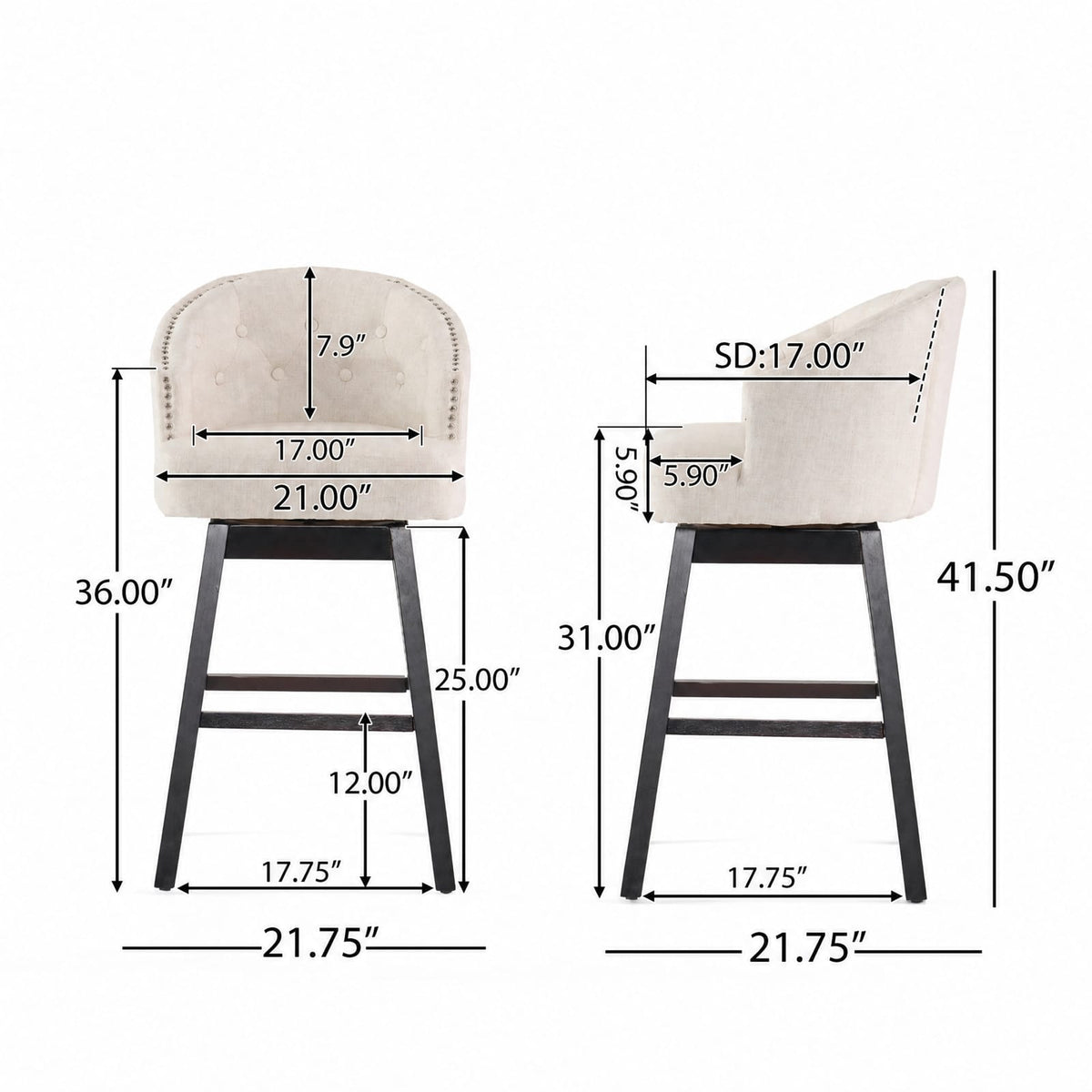360 Degree Swivel Barstool Set Beige - Durable Rubber Wood Frame