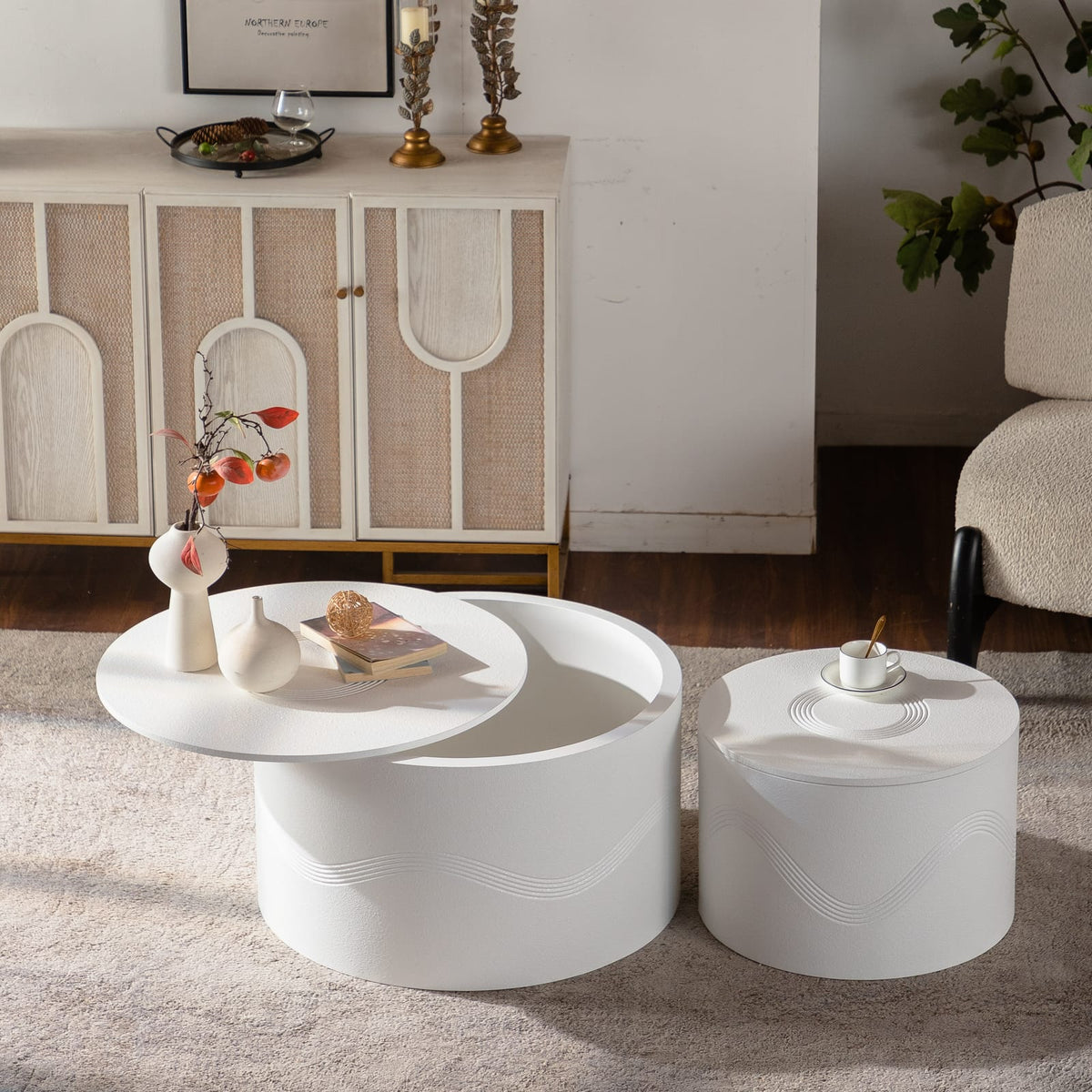 Large White Round Coffee Table Set - 2 Piece MDF Table with Storage