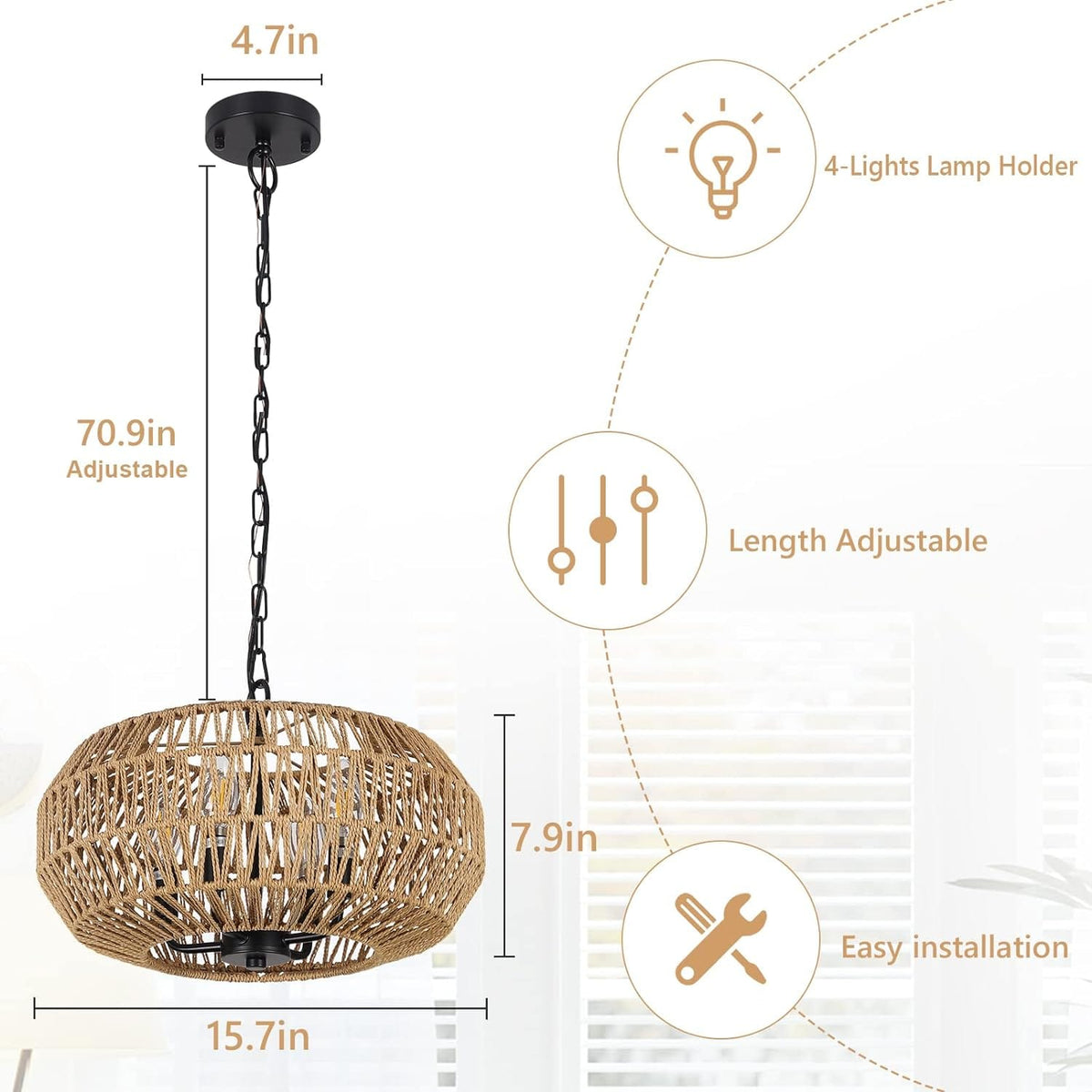 Farmhouse Rattan Pendant Lights - 4-Light Boho Chandelier