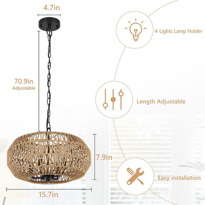 Farmhouse Rattan Pendant Lights - 4-Light Boho Chandelier