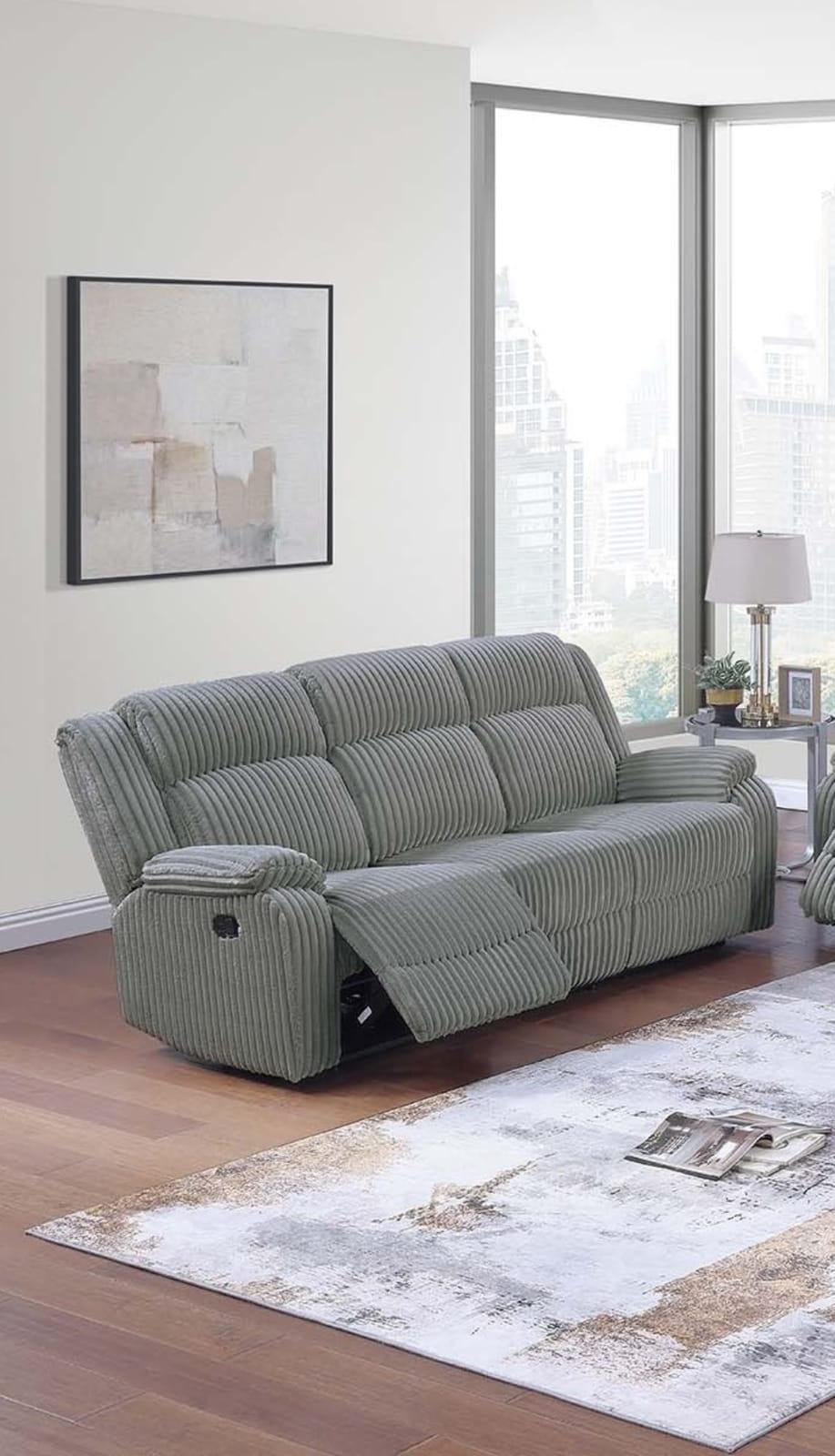 Smoke Corduroy Motion Sofa - Classic Reclining Couch for Living Room