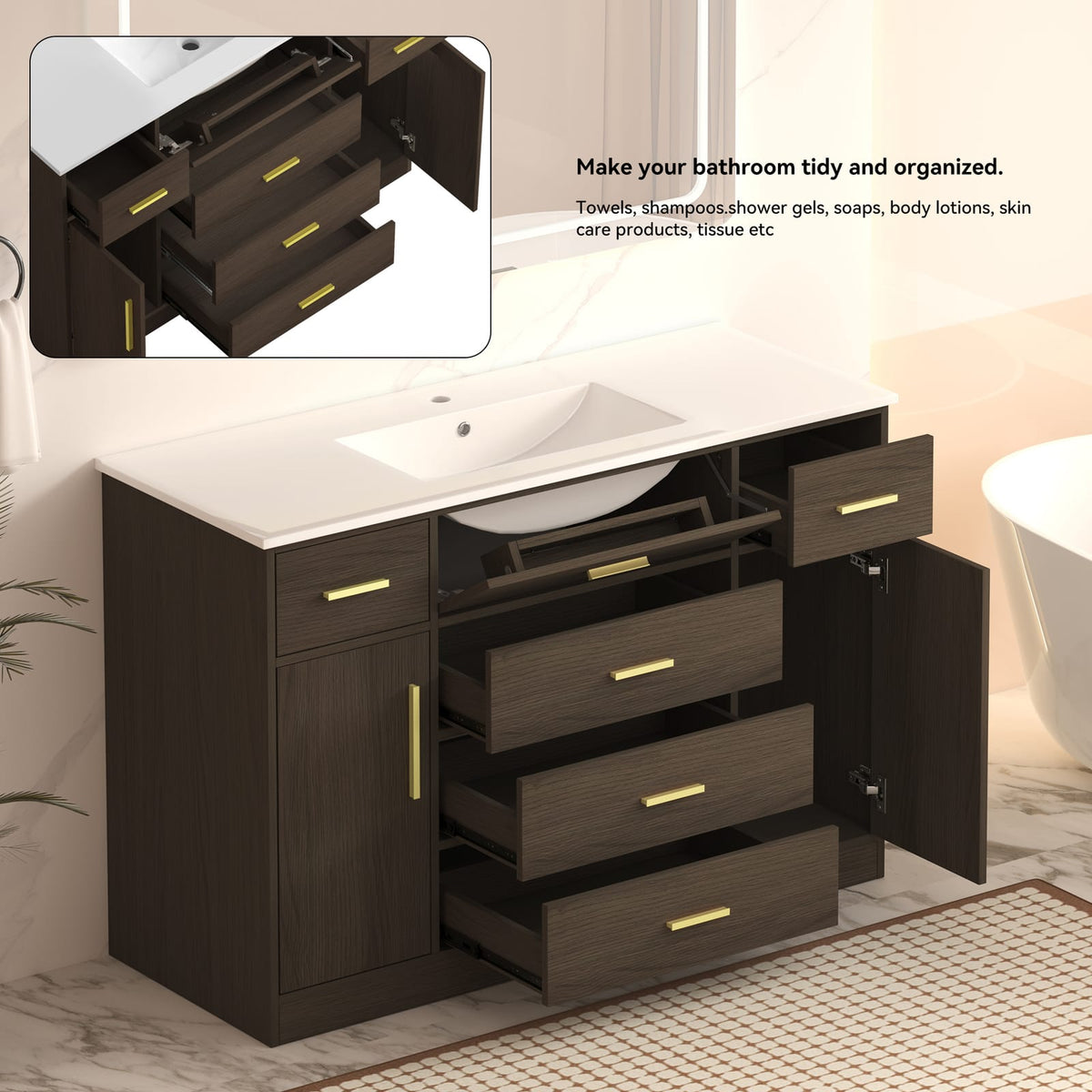 48" Dark Brown Bathroom Vanity - Storage Cabinet with Soft-Close Doors