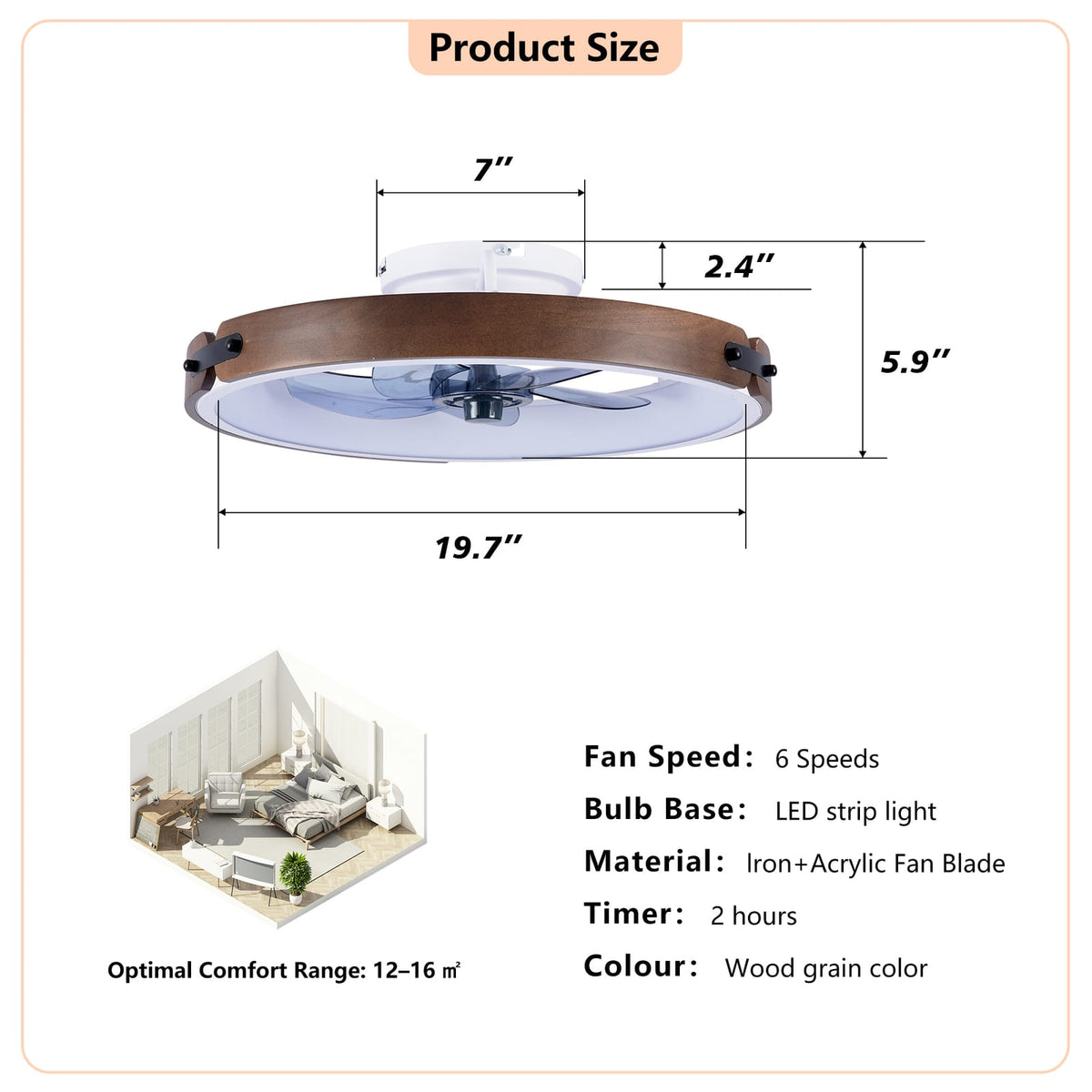 20 Inch Walnut Black Ceiling Fan with Lights Remote Control