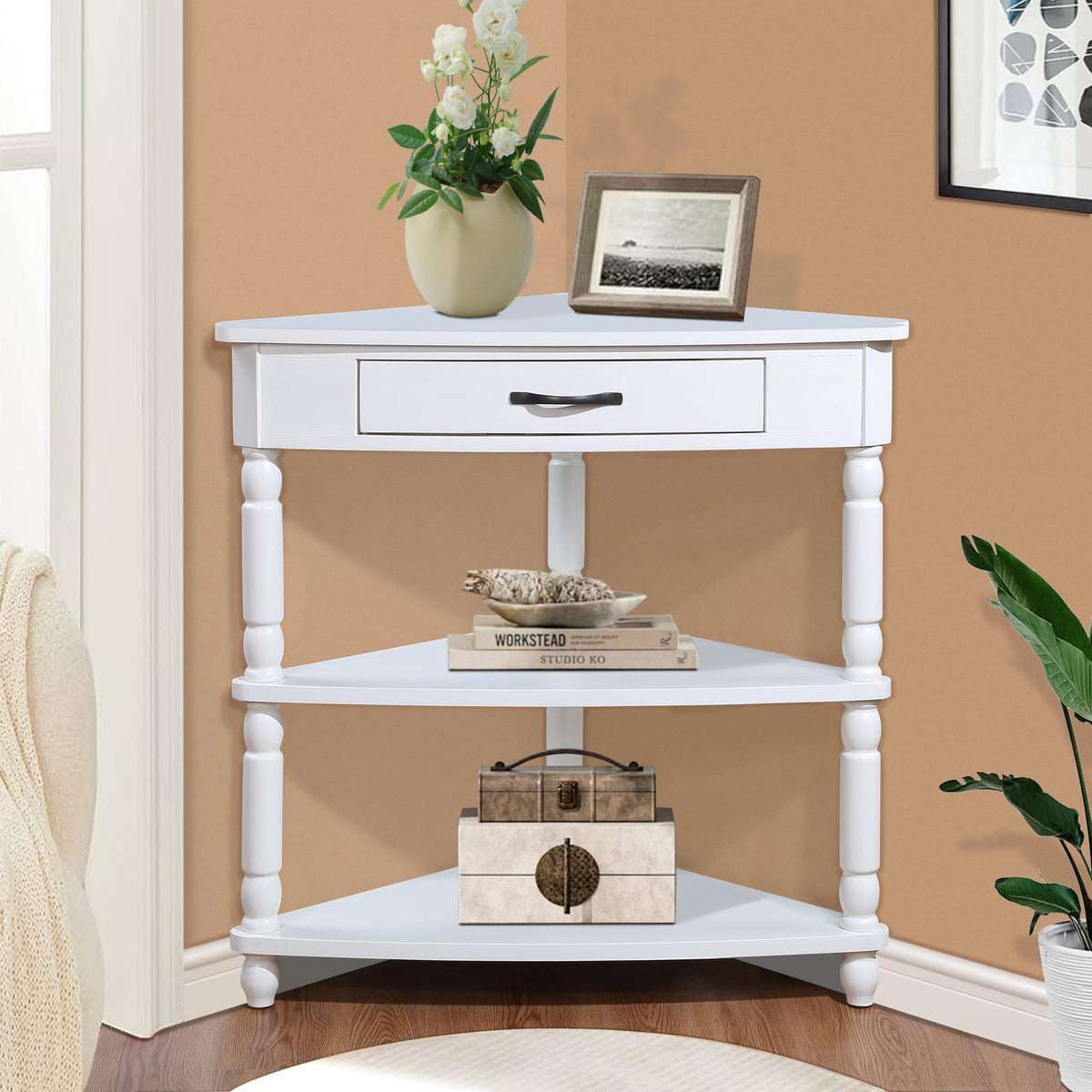 33.8" Small Triangle Corner Table - Milk White Rubber Wood for Living Room