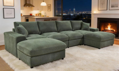 Dark Green Corduroy Sectional - 6 Seat with Ottomans for Living Room