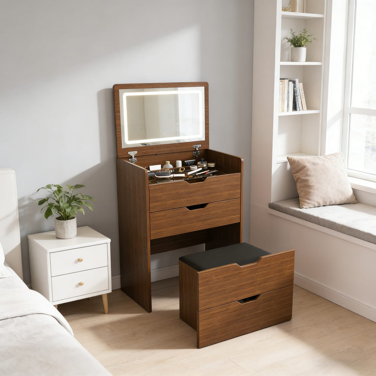 Walnut 3-in-1 Vanity Desk with Mirror and Stool for Storage for Bedroom