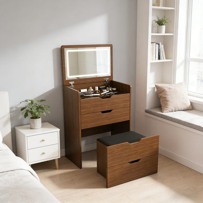 Walnut 3-in-1 Vanity Desk with Mirror and Stool for Storage for Bedroom