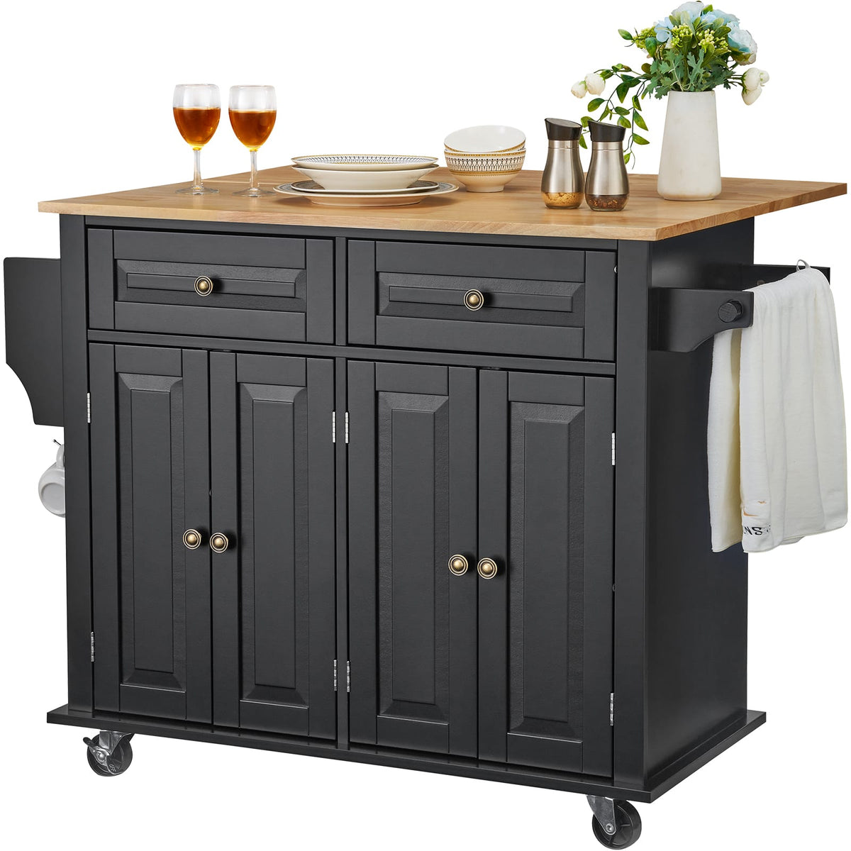 Black Rolling Kitchen Island Storage Cabinet with Drawers and Shelves