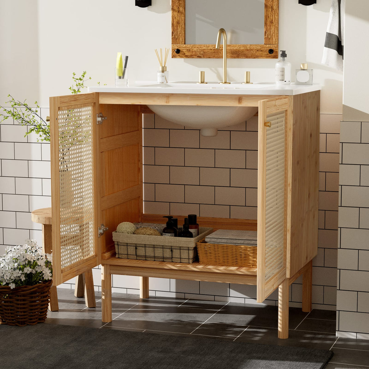 Wood & Rattan Bathroom Vanity - 30 Inch Storage