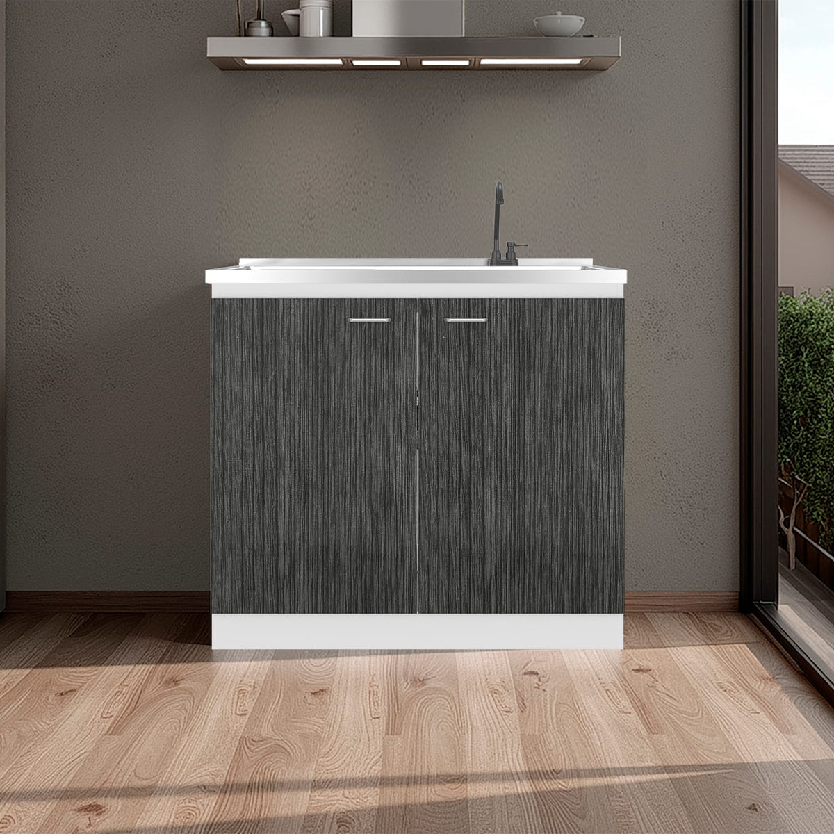 Grey White Kitchen Sink Cabinet with Faucet Storage