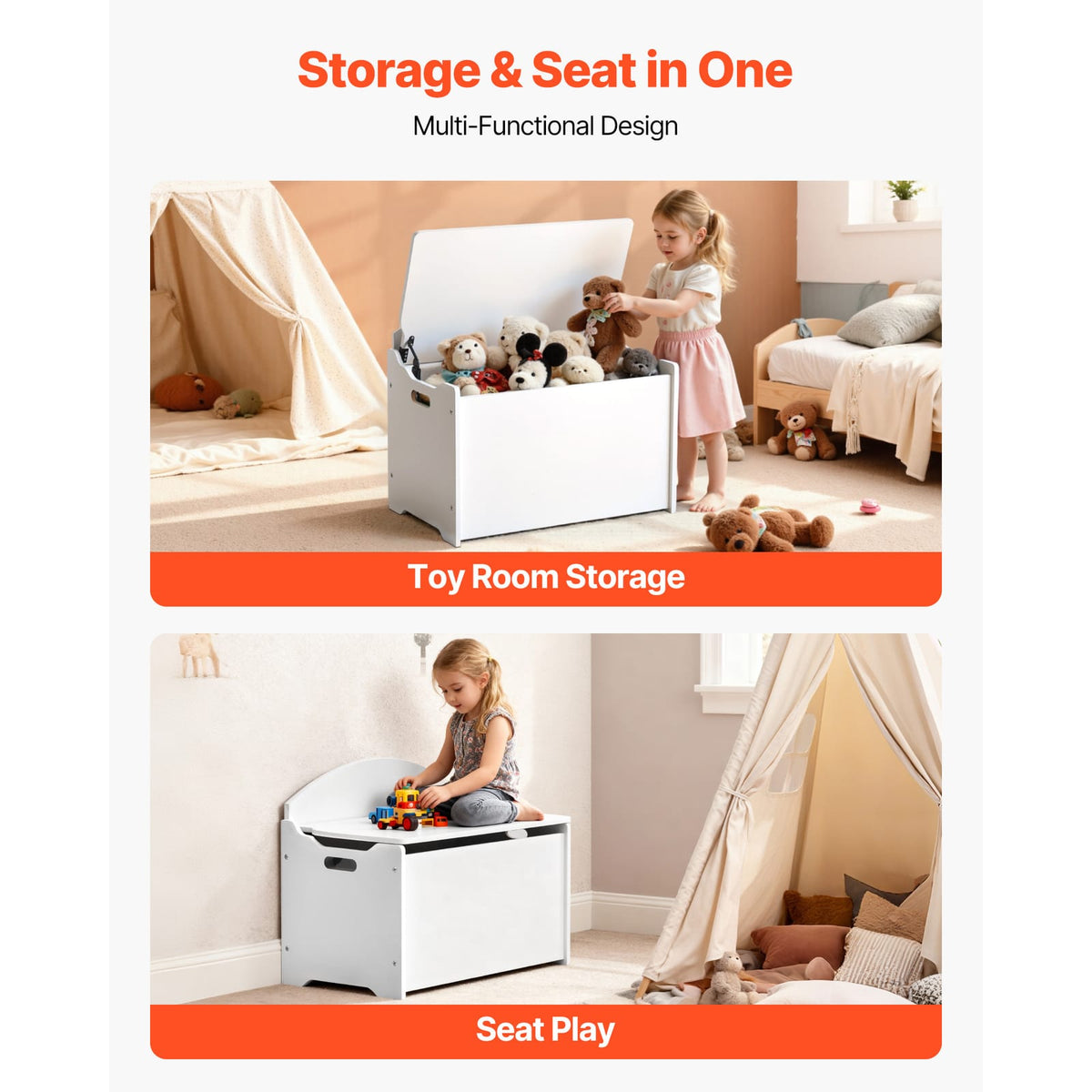 White Kids Storage Bench - MDF Toy Box with Backrest