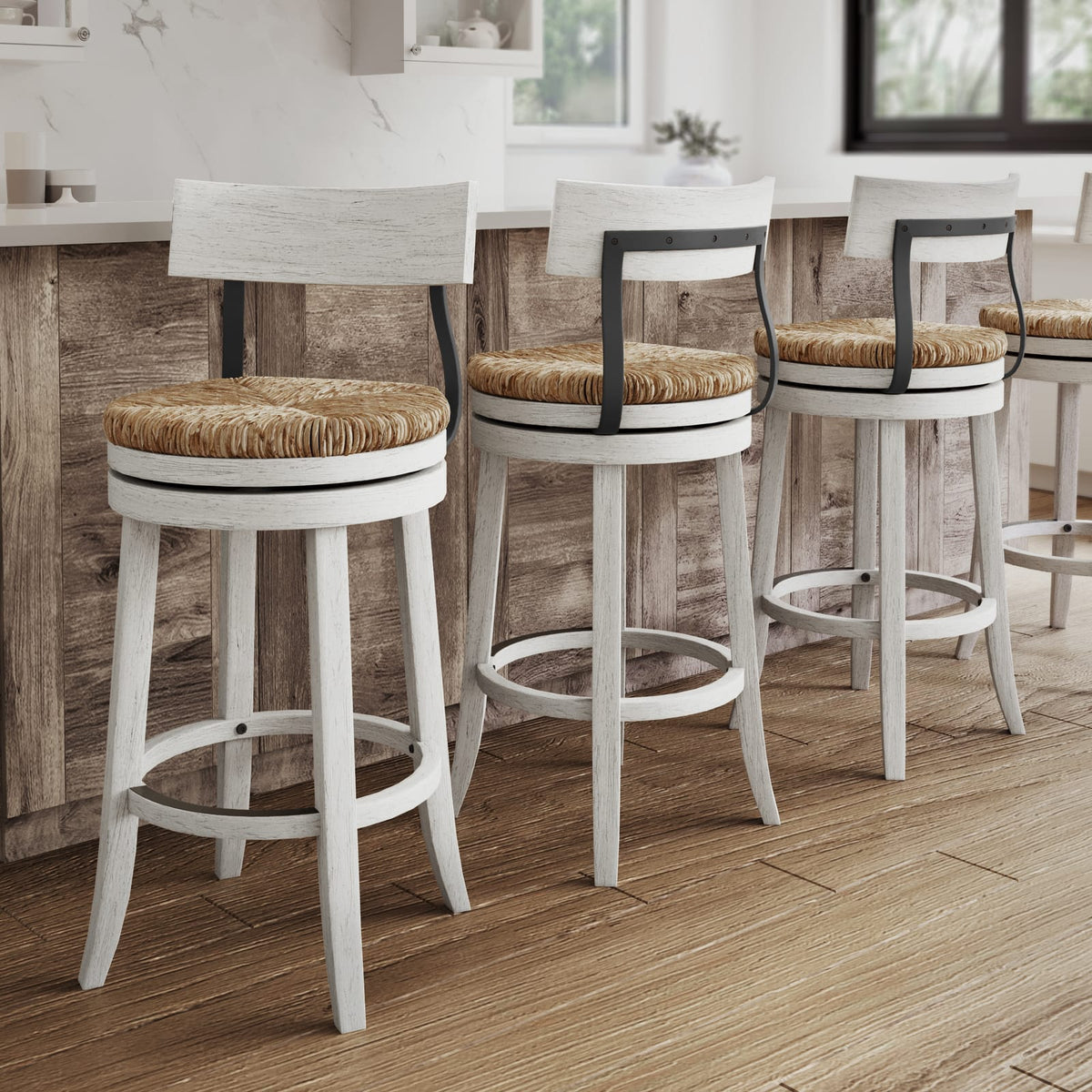 Reclaimed Wood Bar Stool with Seagrass Seat, White Finish for Bedroom