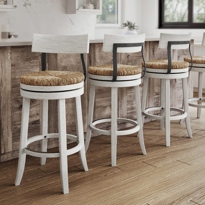 Reclaimed Wood Bar Stool with Seagrass Seat, White Finish for Bedroom
