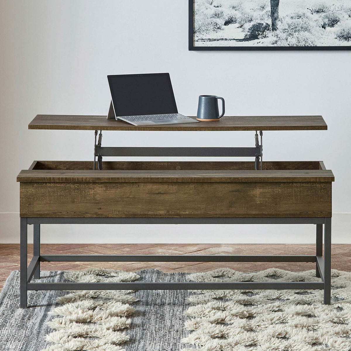 Brown Oak Lift Top Coffee Table - Adjustable Height for Living Room