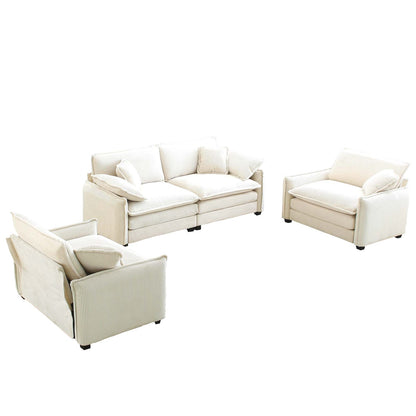4 Seat Corduroy Sofa Beige - Retro Style Sofa Set for Living Room