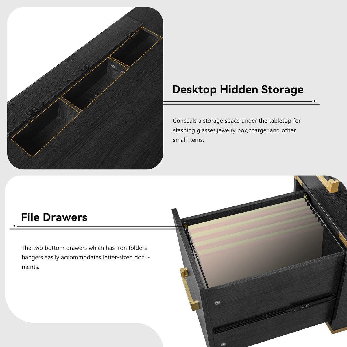 70" Extra-Large Classic Desk - Black+Gold MDF Metal