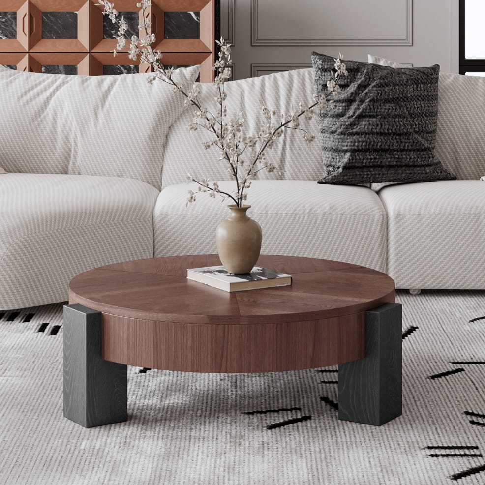 Round Coffee Table with Hidden Storage, Modern Walnut Wood Accent for Living Room