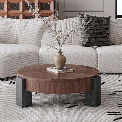 Round Coffee Table with Hidden Storage, Modern Walnut Wood Accent for Living Room