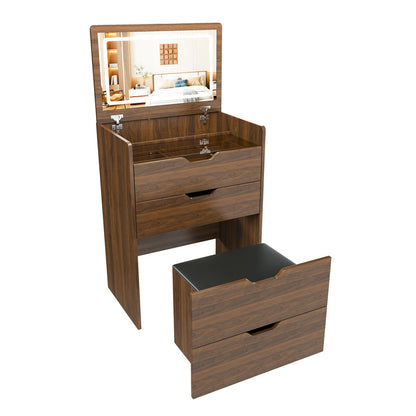 Walnut 3-in-1 Vanity Desk with Mirror and Stool for Storage for Bedroom