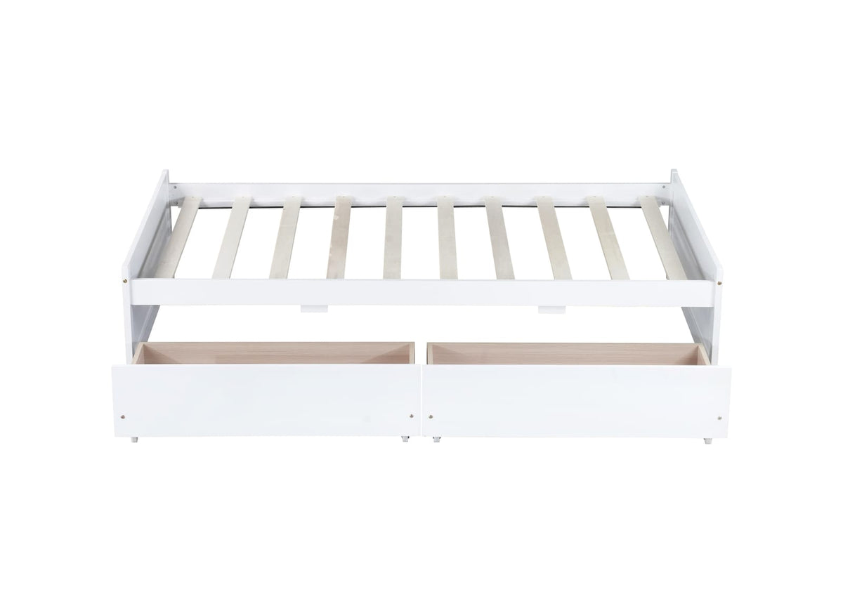 Twin Size Bed with 2 Drawers - White Rubber Wood Frame for Bedroom