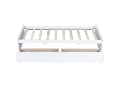 Twin Size Bed with 2 Drawers - White Rubber Wood Frame for Bedroom