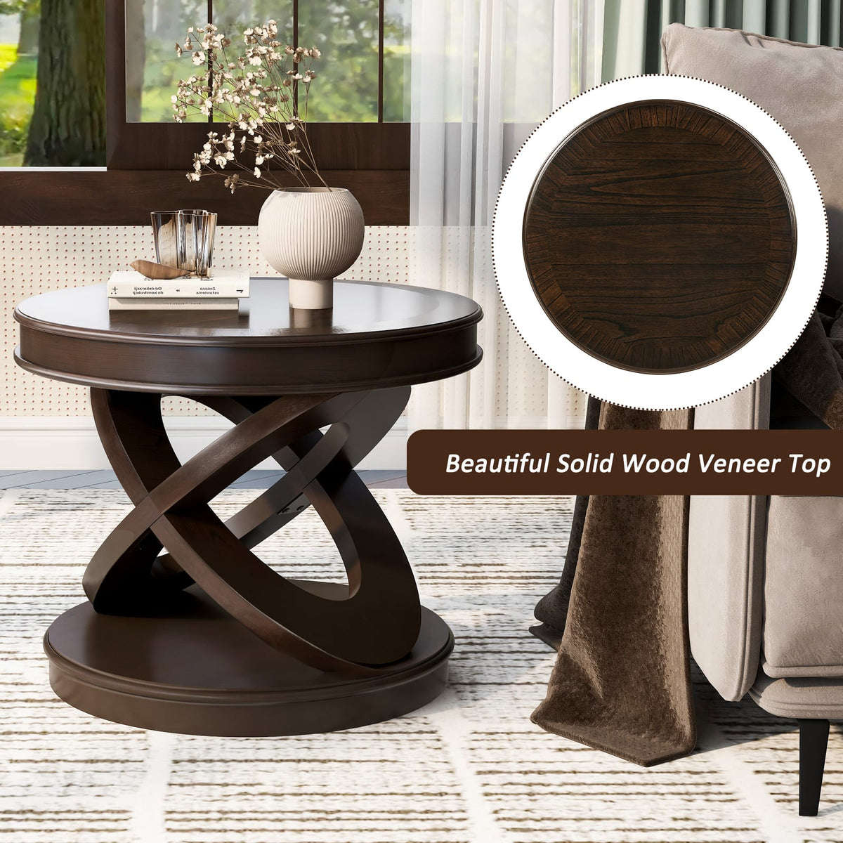 Retro Round Wooden End Table - Espresso, Sofa Side Table with X-Shape Base