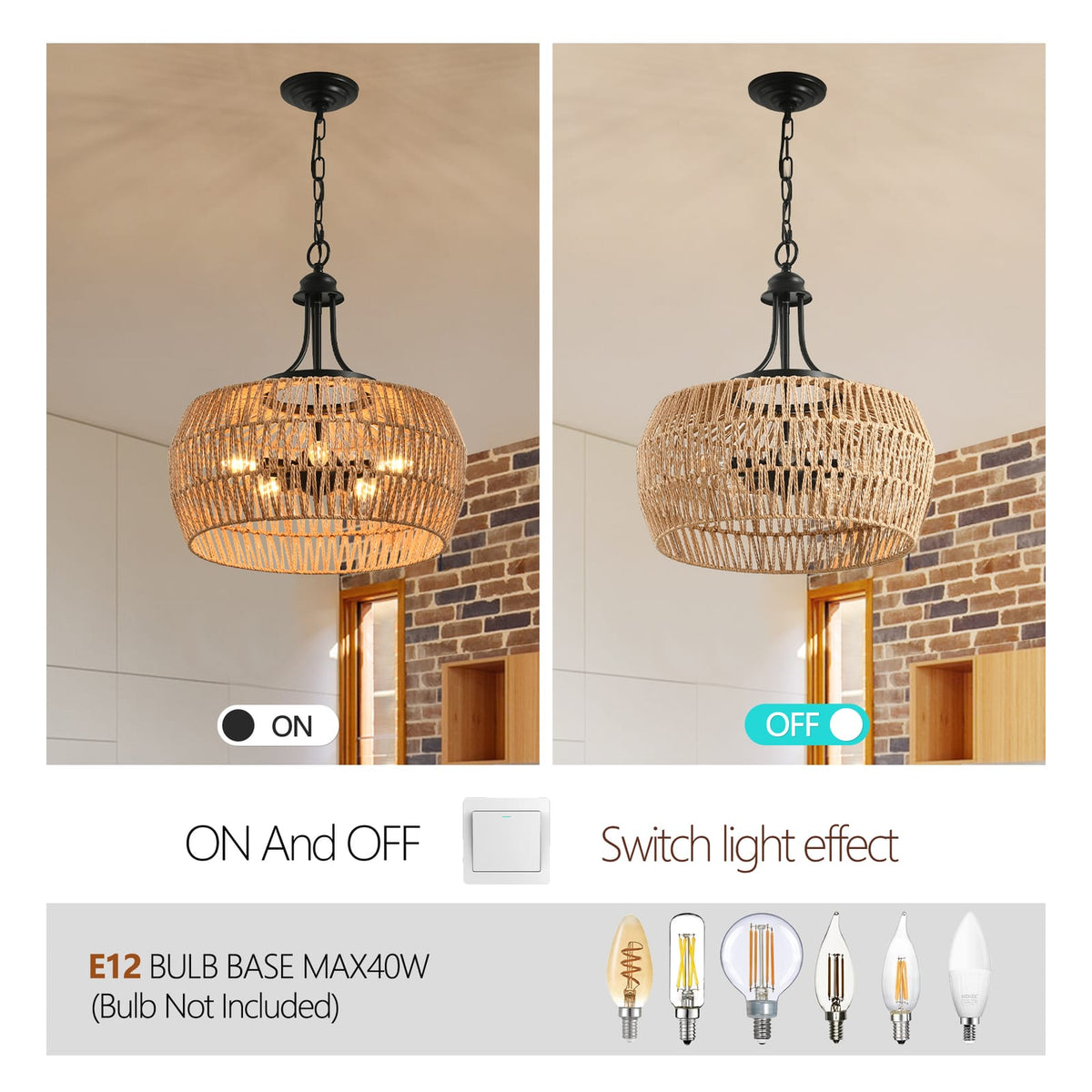 19" Boho Hemp Rope Pendant Light - Hand-Woven Jute Hanging Lamp