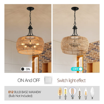 19" Boho Hemp Rope Pendant Light - Hand-Woven Jute Hanging Lamp
