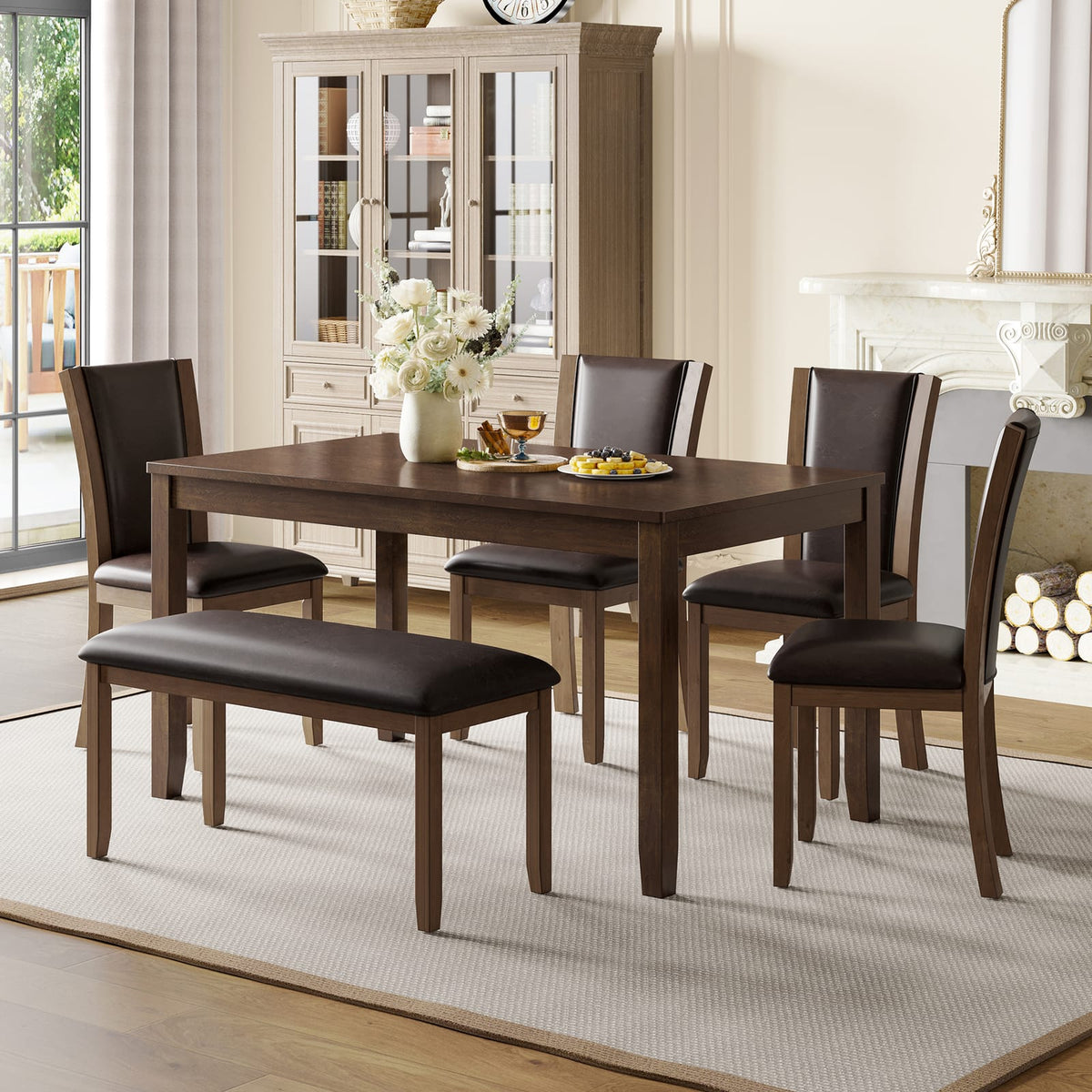 Dark Walnut Dining Table Set - Seats 6
