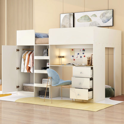 Full Size Bed Frame with Wardrobe & Desk - Beige Wood for Bedroom