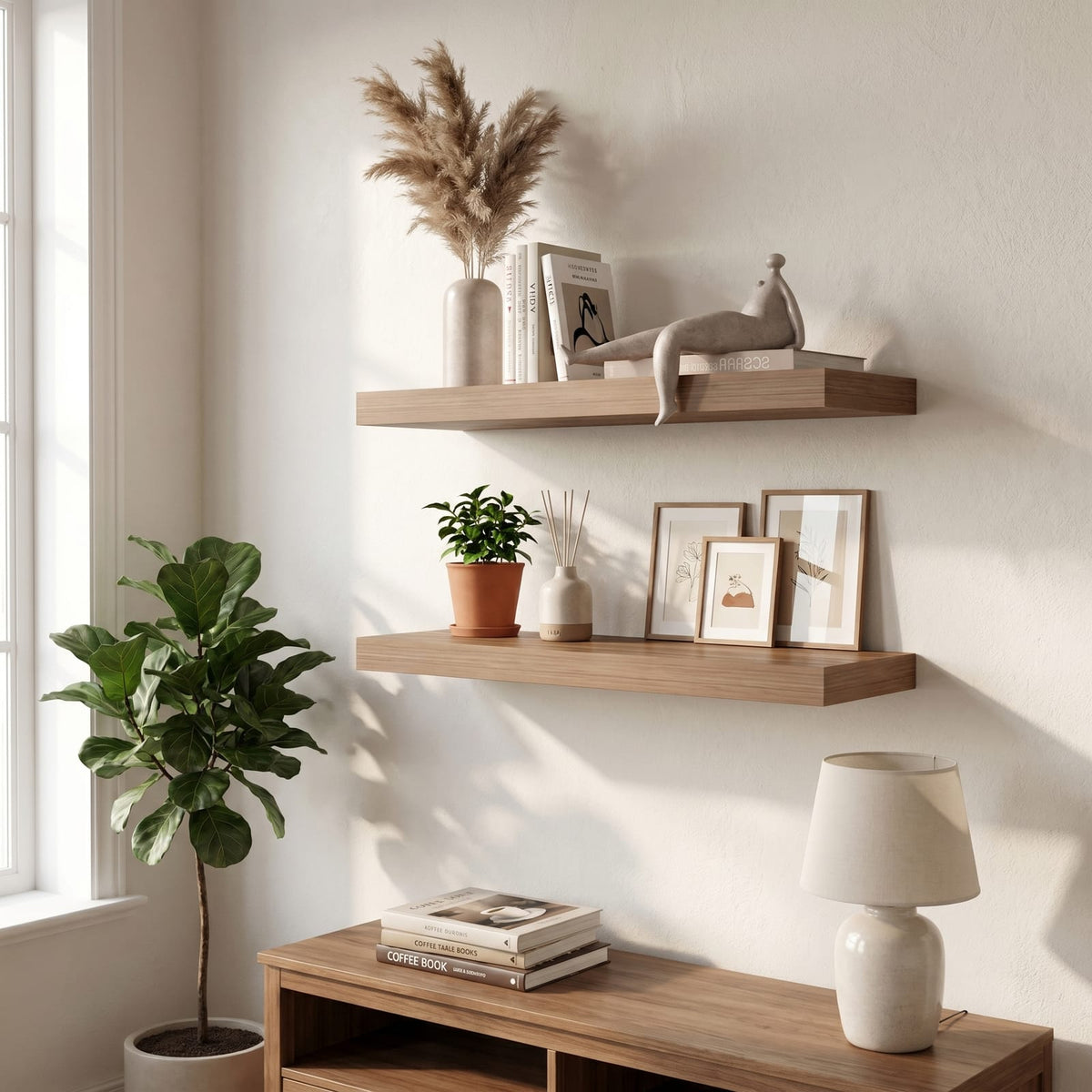 Beige Engineered Wood Floating Shelves - Set of Two