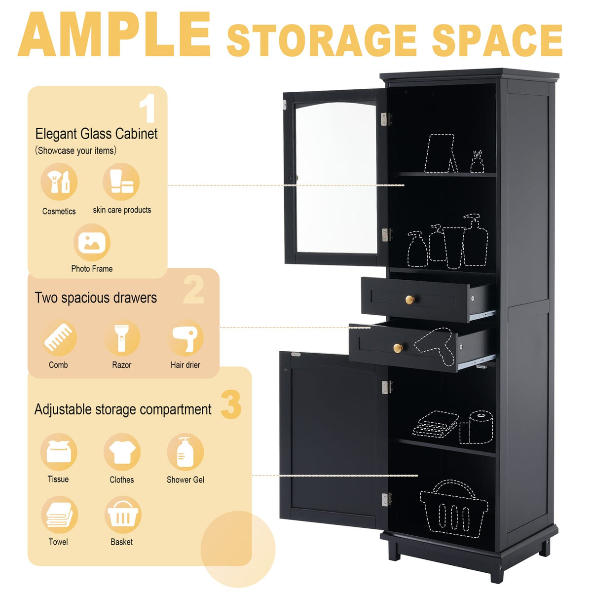 2-Drawer Bathroom Storage Cabinet with Glass Doors - Black