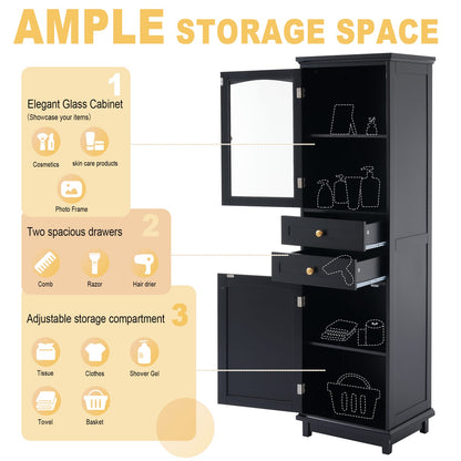 2-Drawer Bathroom Storage Cabinet with Glass Doors - Black