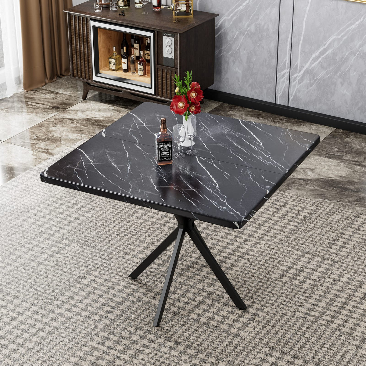 Square Dining Table - Black MDF Iron, 4-6 Person for Dining Room