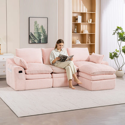 Pink Corduroy 3-Seat Sectional Sofa - Plush Comfort for Living Room